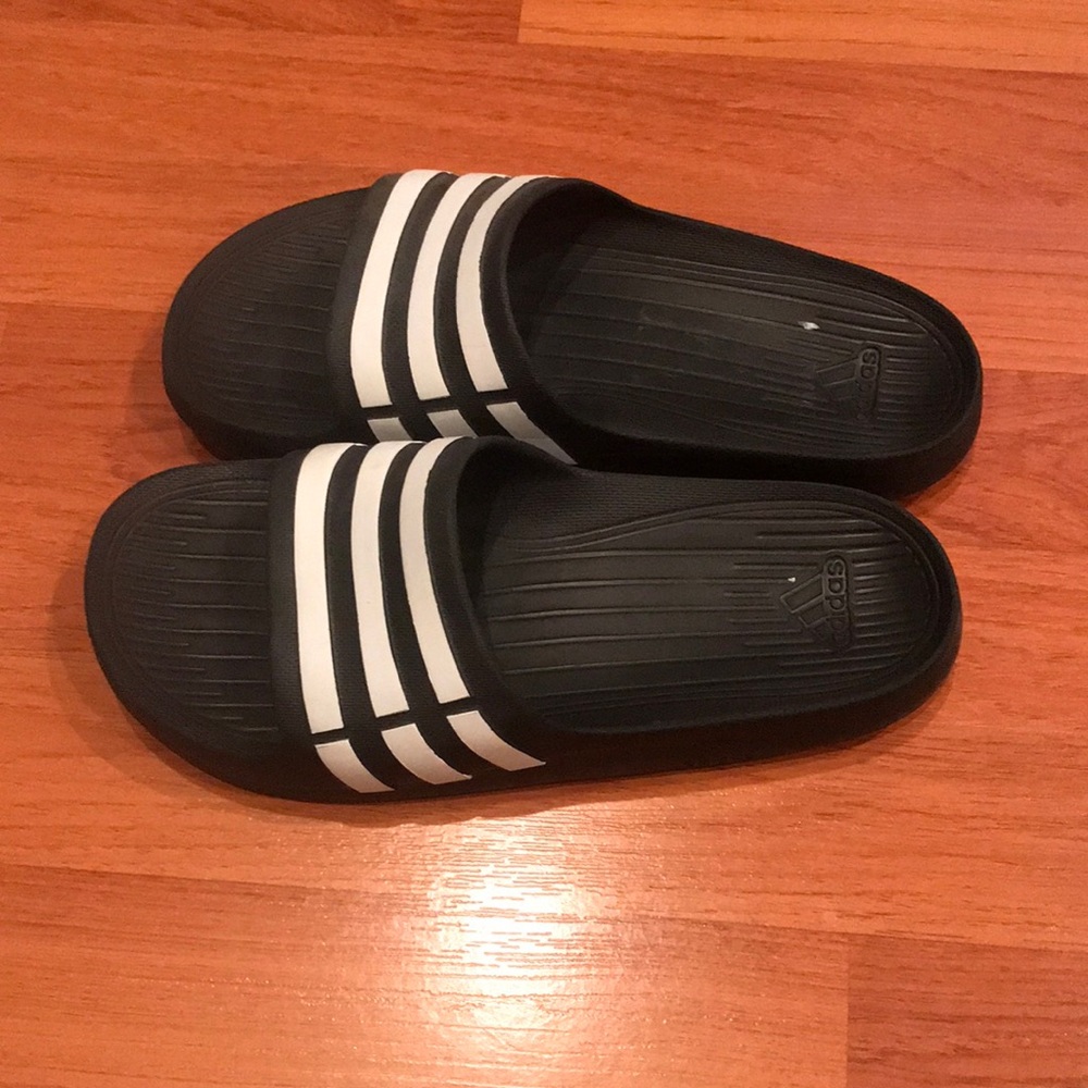 Adidas Black Slide Sandals with White Stripes